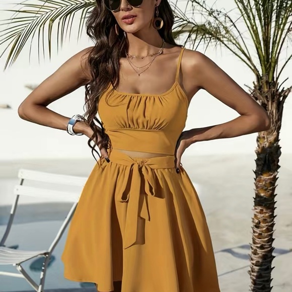 Cute Solid Two-piece Skirt Set, Backless Crop Cami Top & Tie Front Skirt Outfits - Picture 2 of 5